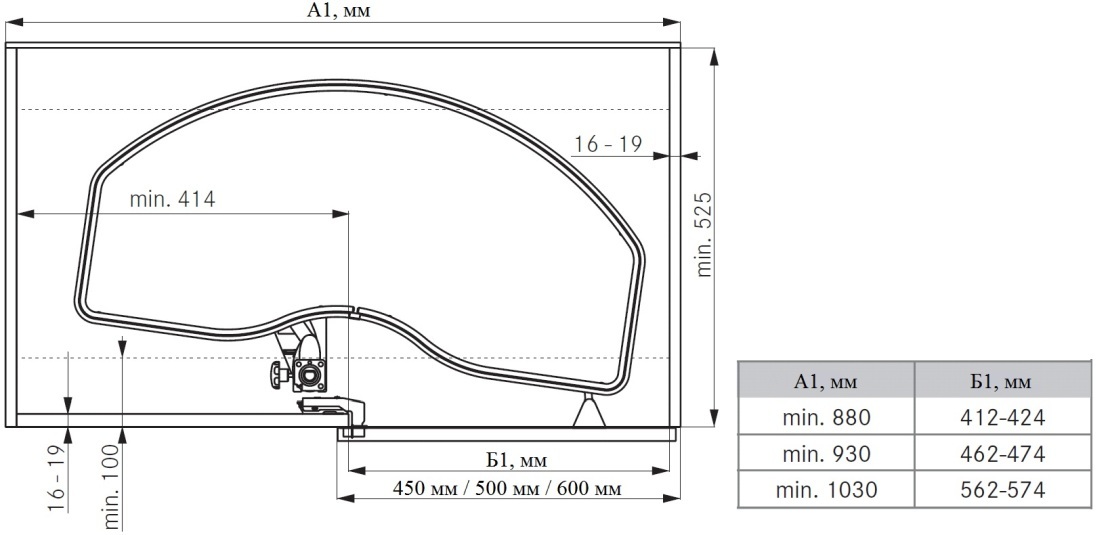 Схема карусели CORNERSTONE L на 2 полки (A1), ширина фасада 450/500/600 мм