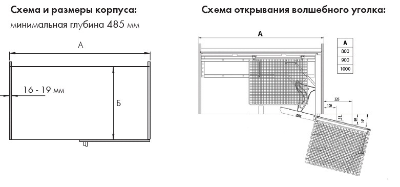 Схема Волшебный угол Классик с доводчиком на распашной фасад, выдвижение - левое, ширина фасада 400-450 мм