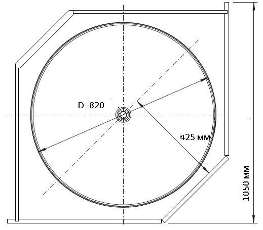 Схема Нижняя угловая карусель 4/4 на оси в корпус 1050х1050 мм, D полок 820 мм, корзины - ДСП