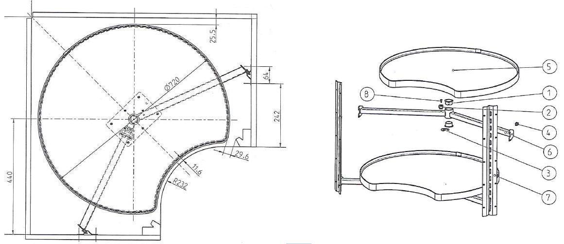 Схема Нижняя угловая карусель COR WHEEL PRO KONKAV без оси для шкафов вогнутой формы