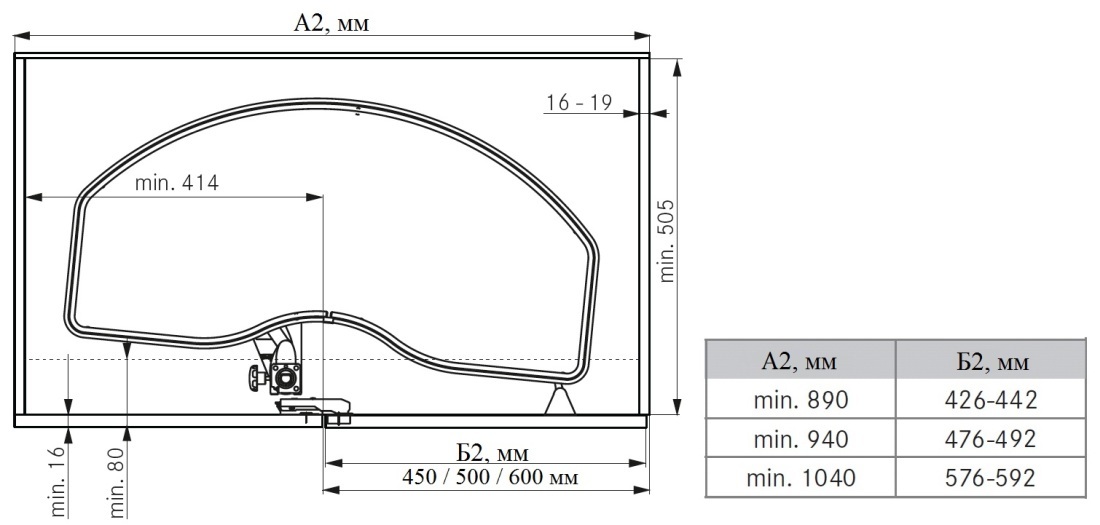 Схема карусели CORNERSTONE L на 2 полки (A2), ширина фасада 450/500/600 мм