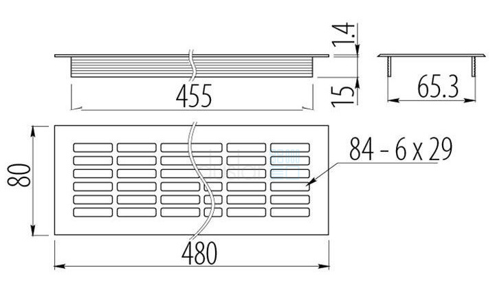 Схема Решетка вентиляционная 480х80 мм, материал - алюминий, цвет - алюминий