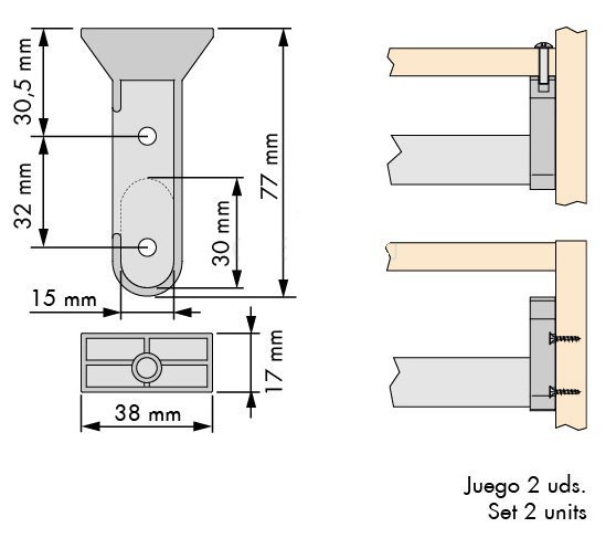 Комплект держателей для штанги Tubo, монтаж к полке или боковине корпуса. Цвет - алюминий shema