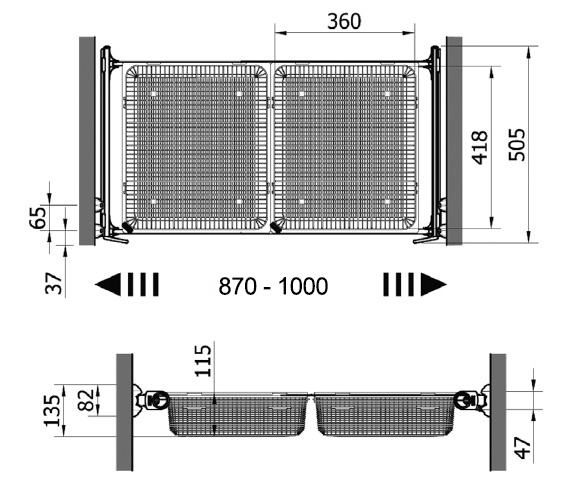 Схема Корзины выдвижные для одежды телескопические 870–1000 мм