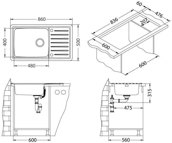 ALVEUS мойка GALEO 30 SAT 90 FI 860X500 sh