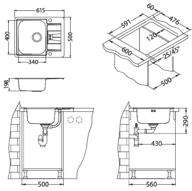 ALVEUS мойка LINE MAXIM 60 SAT-90 610X500 LUX sh