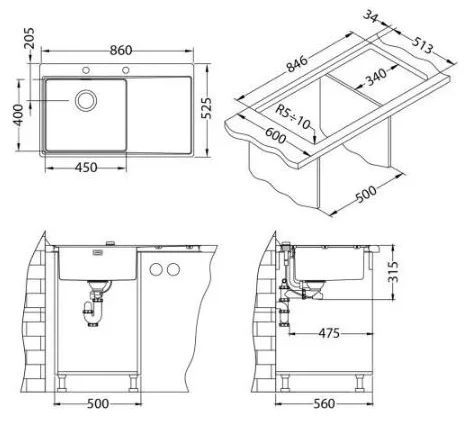 ALVEUS мойка PURE 50L new KMB-90 860X525 левая в компл. с сифоном 1148858 shema