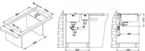 ALVEUS мойка PURE 60L new KMB-90 980X525 левая в комплекте с сифоном 1148993 shema 2