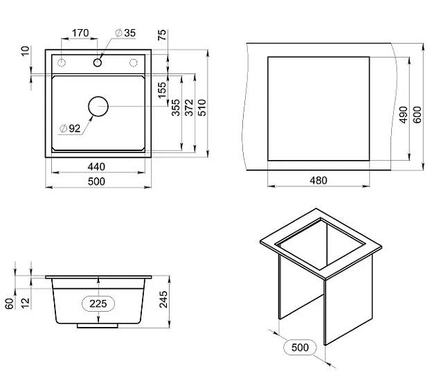 GRANULA  кухонная мойка, кварц KITCHEN SPACE, 5002, схема