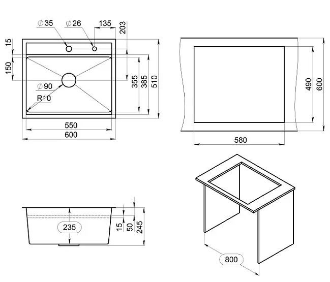 GRANULA стальная кухонная мойка KITCHEN SPACE, 6051, shema