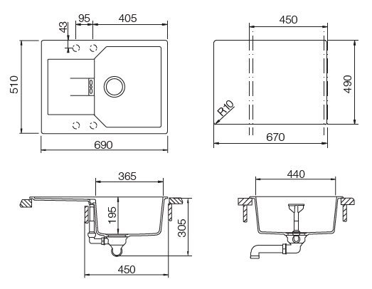 SCHOCK мойка Manhattan 45 D Cristalite корз.клапан схема